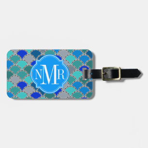 Turquoise Blue Teal Grey Scales Pattern Monogram Luggage Tag
