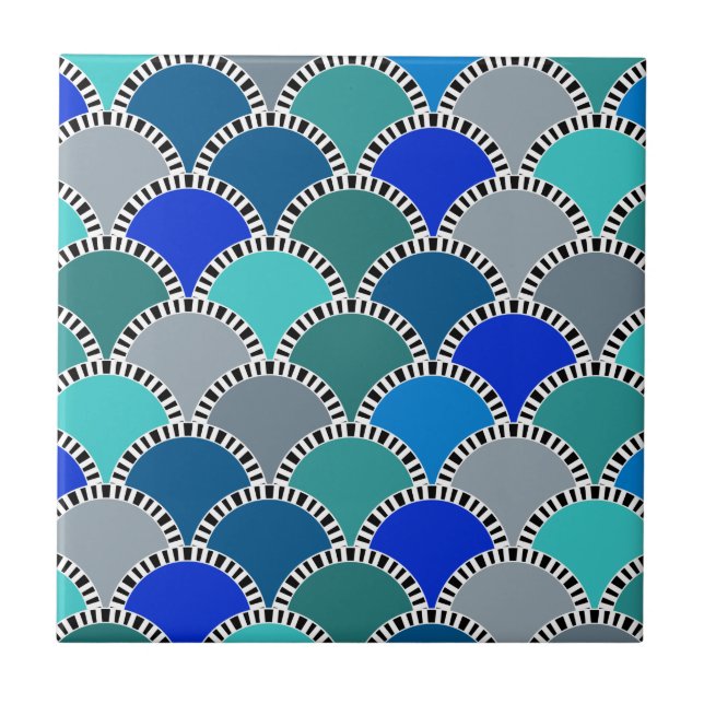 Turquoise Blue Teal Grey Scales Pattern Tile (Front)