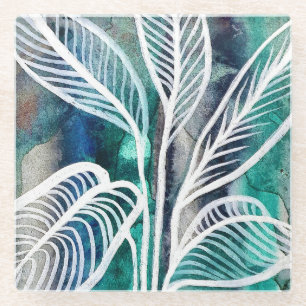 Turquoise Blue & Teal Modern Botanical Watercolor Glass Coaster