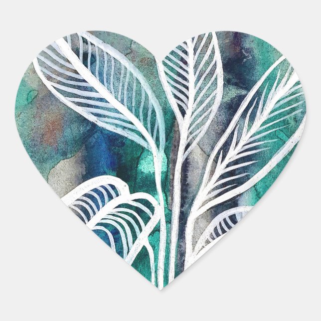  Turquoise Blue & Teal Modern Botanical Watercolor Heart Sticker (Front)