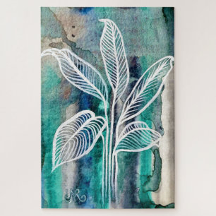 Turquoise Blue & Teal Modern Botanical Watercolor Jigsaw Puzzle