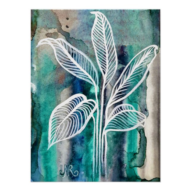  Turquoise Blue & Teal Modern Botanical Watercolor Poster (Front)