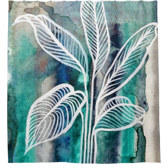  Turquoise Blue & Teal Modern Botanical Watercolor Shower Curtain (Front)