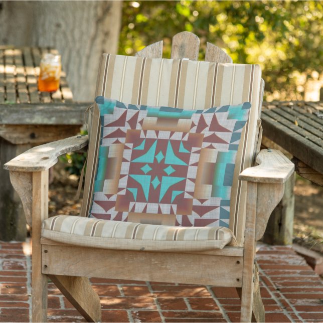 Turquoise Blue Terracotta Rust Brown Tribal Art Cushion (Chair)