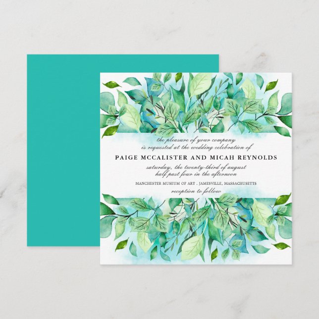 Turquoise Blue Tropical Foliage Botanical Wedding Invitation (Front/Back)