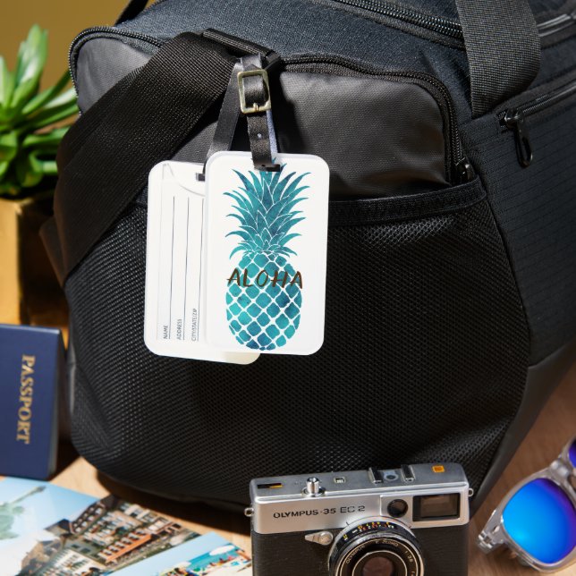 Turquoise Blue Tropical Pineapple Aloha Luggage Tag (Front & Back)