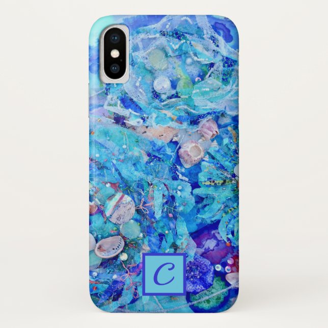 Turquoise Blue Underwater Monogram Textle Art Case-Mate iPhone Case (Back)