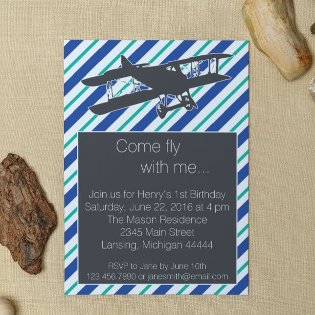 Turquoise Blue Vintage Aeroplane Birthday Invite (Creator Uploaded)