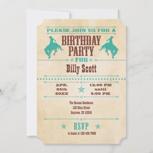 Turquoise Blue Vintage Cowboy Birthday Invitation (Front)