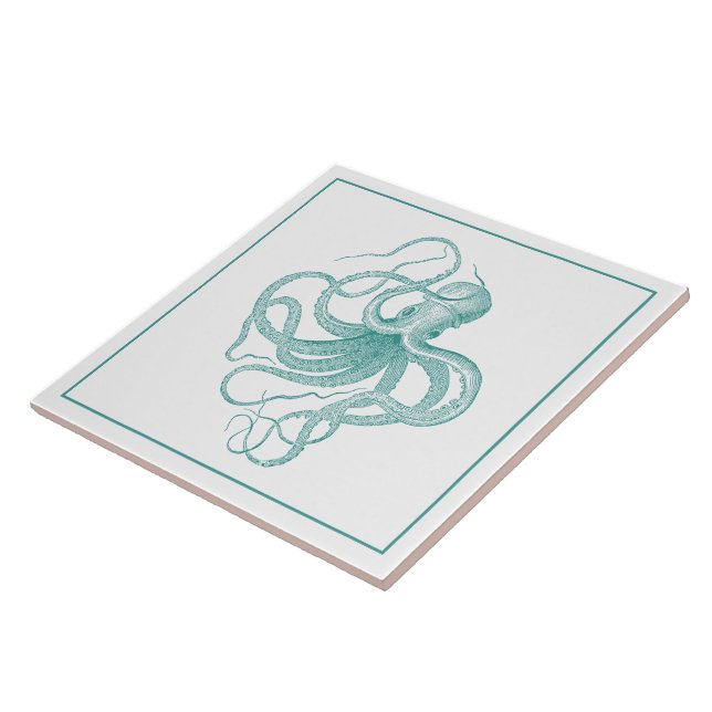 Turquoise-blue Vintage Nautical Octopus Tile (Side)