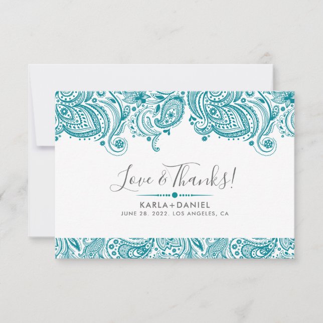Turquoise-blue Vintage Paisley Thank You Card (Front)