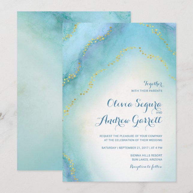 Turquoise Blue Watercolor Agate Wedding Invitation (Front/Back)