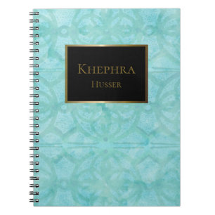 Turquoise Blue Watercolor Black And Gold Name Notebook
