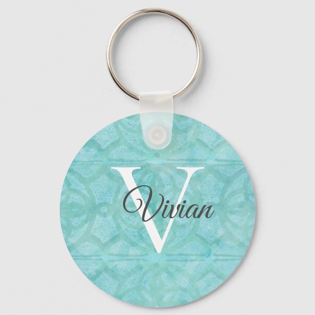 Turquoise Blue Watercolor Monogram Name Key Ring (Front)