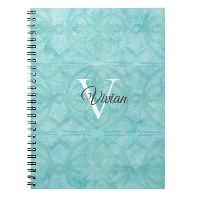 Turquoise Blue Watercolor Monogram Name Notebook (Front)