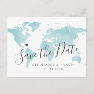 Turquoise Blue Watercolor World Map Save the Date Announcement Postcard
