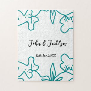 Turquoise blue wedding couple name date flstylish jigsaw puzzle