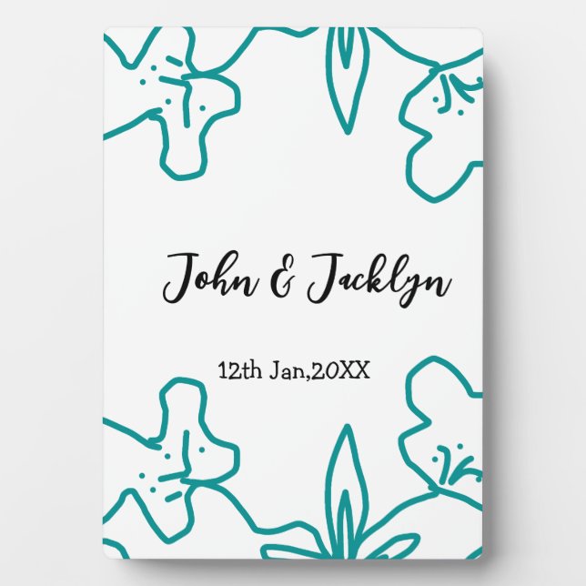 Turquoise blue wedding couple name date flstylish  plaque (Front)