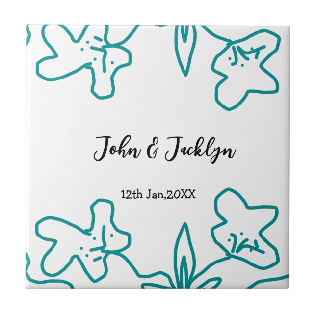 Turquoise blue wedding couple name date flstylish  tile (Front)