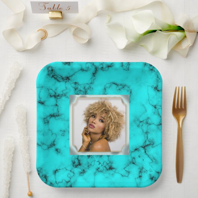 Turquoise blue western stone PHOTO girls party Paper Plate (Wedding)