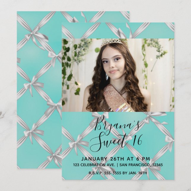 Turquoise Blue & White Bows Sweet 16 Party Photo Invitation (Front/Back)
