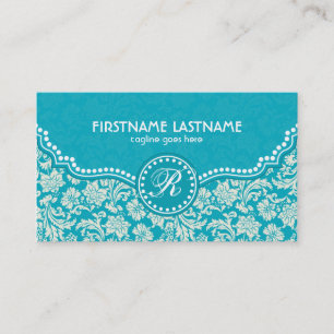 Turquoise Blue & White Floral Damasks-Customised Business Card