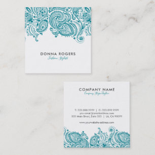 Turquoise-Blue & White Floral Paisley Lace Square Business Card