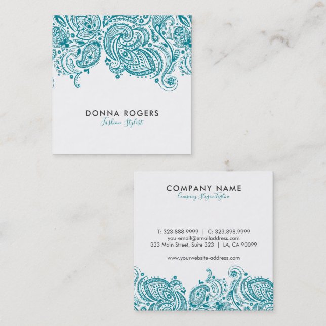 Turquoise-Blue & White Floral Paisley Lace Square Business Card (Front/Back)