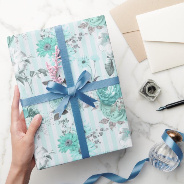 Turquoise Blue & White Floral Striped All Occasion Wrapping Paper (Gifting)