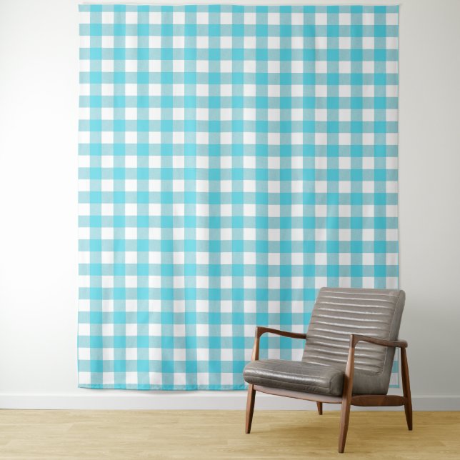 Turquoise Blue & White Gingham Check Tapestry (In Situ)