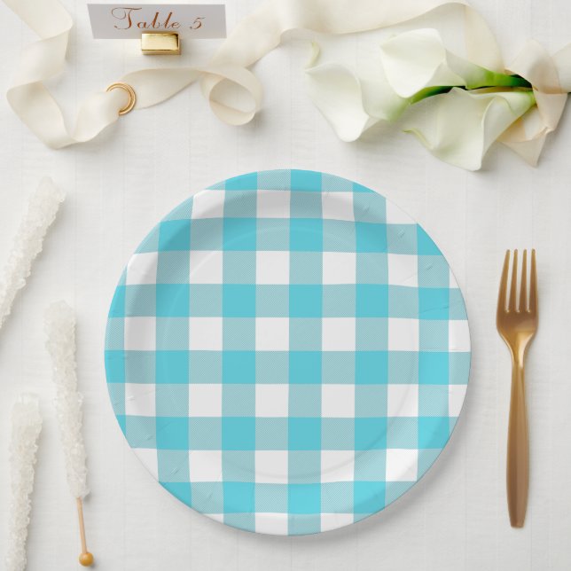 Turquoise Blue & White Gingham Summer Picnic Paper Plate (Wedding)