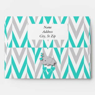 Turquoise Blue, White Grey Elephant Baby Shower Envelopes