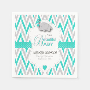 Turquoise Blue, White Grey Elephant Baby Shower Napkin