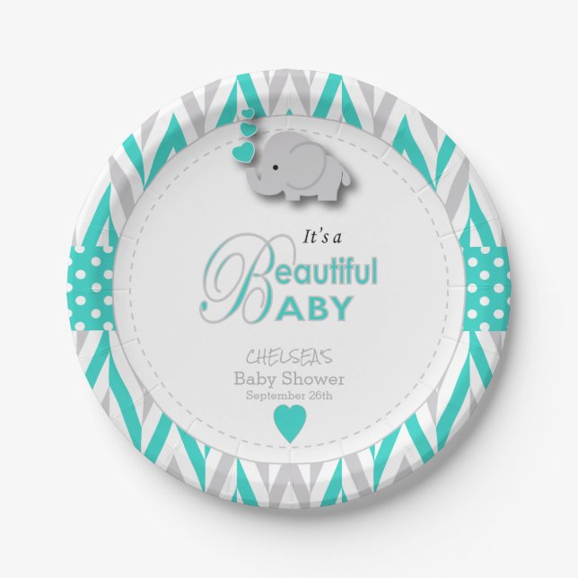 Turquoise Blue, White Grey Elephant Baby Shower Paper Plate (Front)