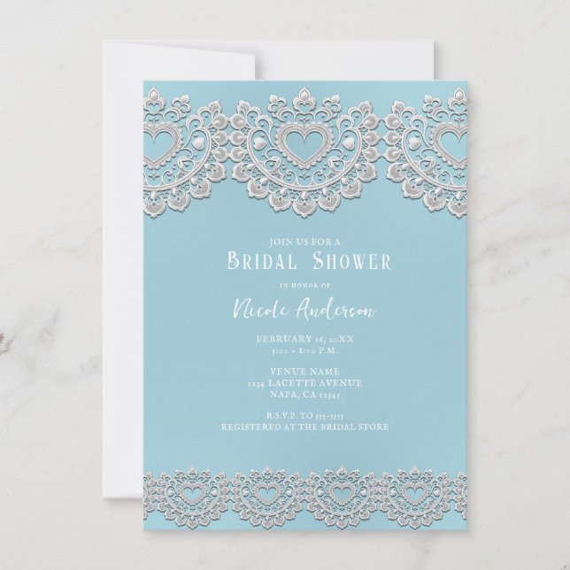 Turquoise Blue White Lace Heart Bridal Shower  Invitation (Front)