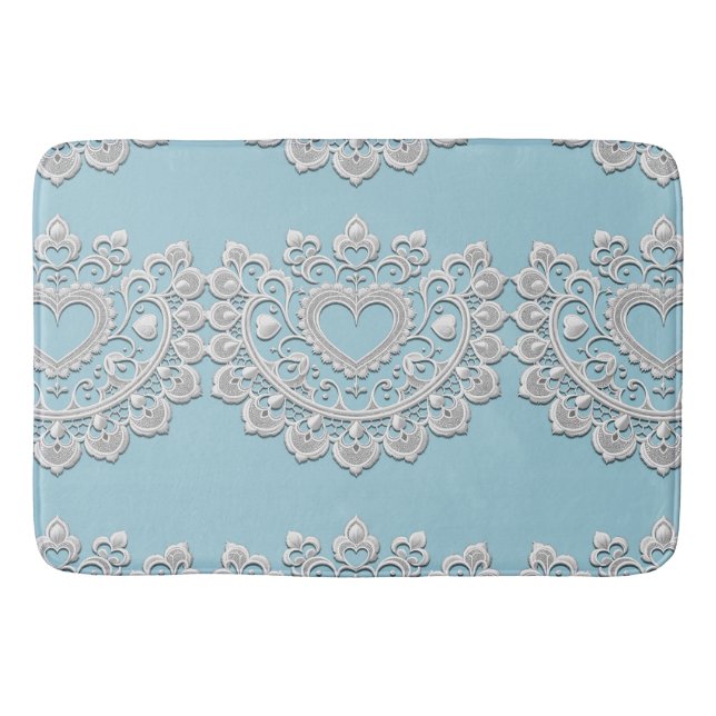 Turquoise Blue White Lace Heart Wedding Bridal Bath Mat (Front)