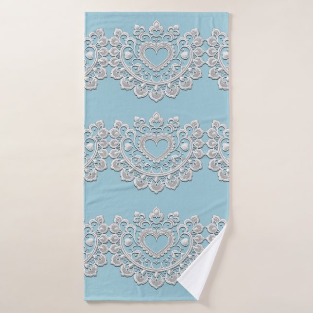 Turquoise Blue White Lace Heart Wedding Bridal Bath Towel Set (Bath Towel)