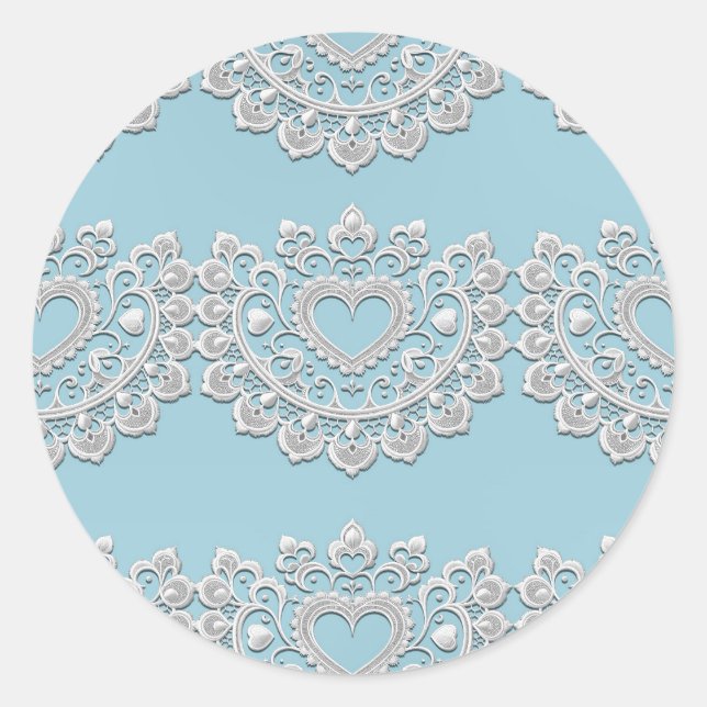 Turquoise Blue White Lace Heart Wedding Bridal Classic Round Sticker (Front)