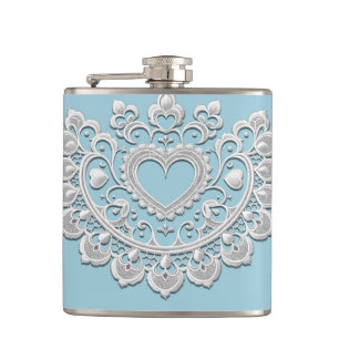Turquoise Blue White Lace Heart Wedding Bridal Hip Flask
