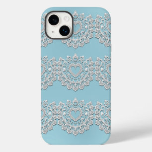 Turquoise Blue White Lace Heart Wedding Bridal iPhone 14 Plus Case