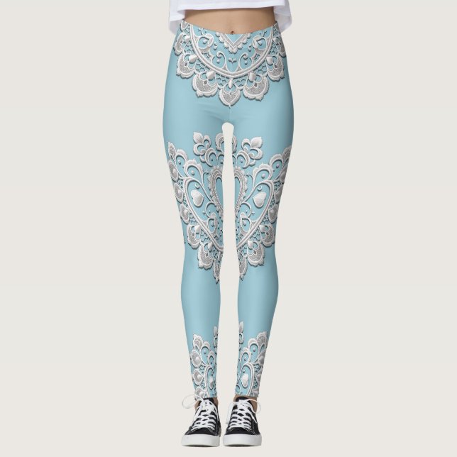 Turquoise Blue White Lace Heart Wedding Bridal Leggings (Front)