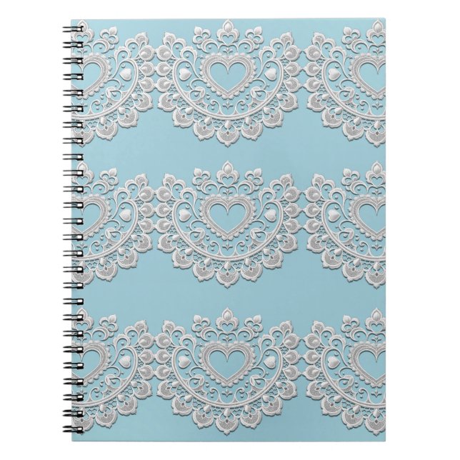 Turquoise Blue White Lace Heart Wedding Bridal Notebook (Front)
