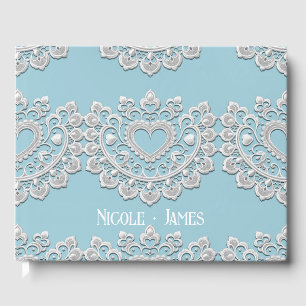 Turquoise Blue White Lace Heart Wedding Guest Book