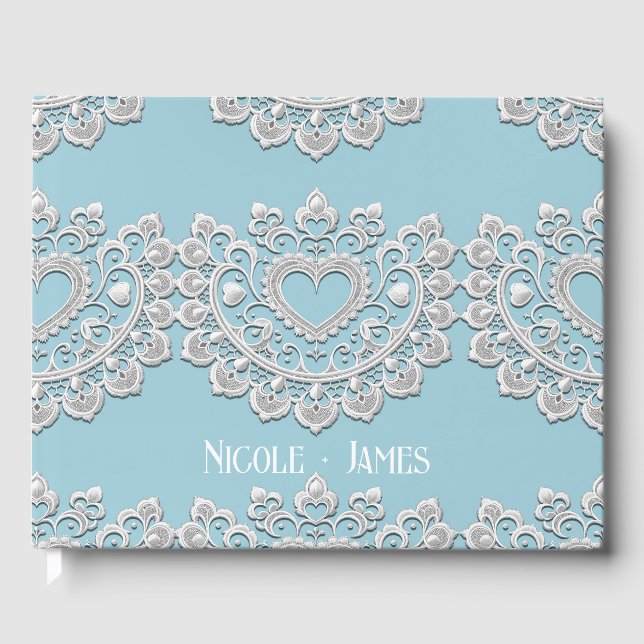 Turquoise Blue White Lace Heart Wedding Guest Book (Front)