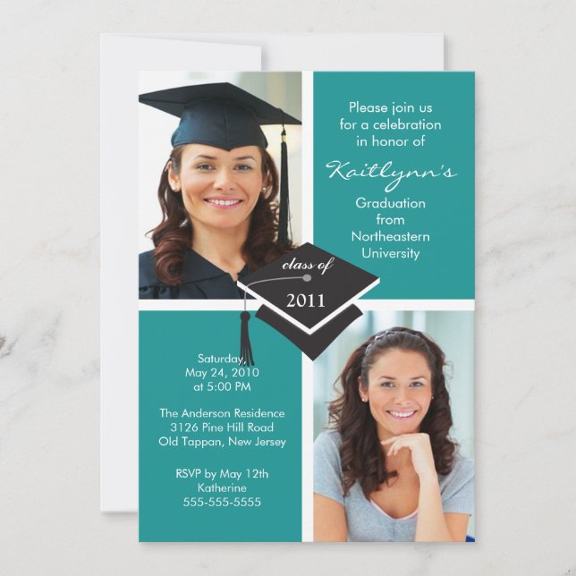 Turquoise Blue & White Photo Graduation Invitation (Front)