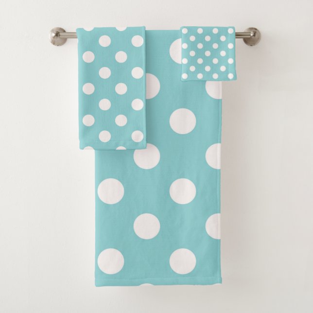 Turquoise Blue & White Polka Dots Dot Bath Towel Set (Insitu)