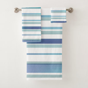 Turquoise Blue White Watercolor Stripes Bath Towel Set