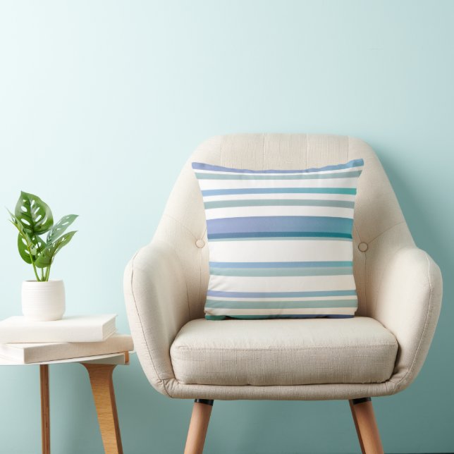 Turquoise Blue White Watercolor Stripes Cushion (Chair)