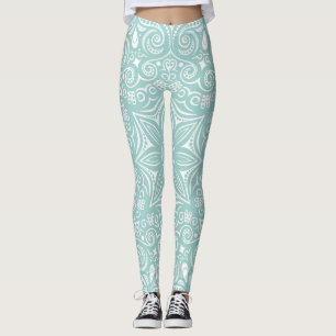 Turquoise Blue & White Whimsical Pattern Leggings