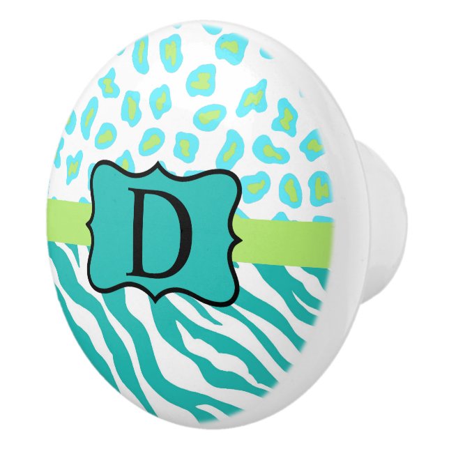 Turquoise Blue White Zebra Leopard Skin Monogram Ceramic Knob (Right)